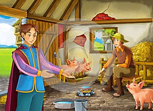 Cartoon scene with prince or king and farmer rancher in the barn pigsty