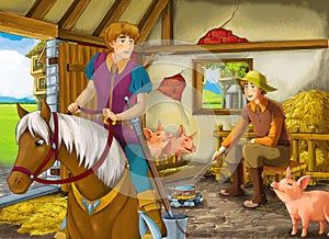 Cartoon scene with prince or king on horse and farmer rancher in the barn pigsty