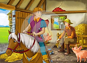 Cartoon scene with prince or king on horse and farmer rancher in the barn pigsty