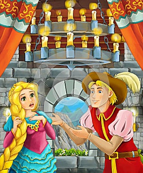 Cartoon scene with prince and princess talking together in the castle room
