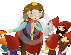 Cartoon scene with prince talking to dwarfs illustration