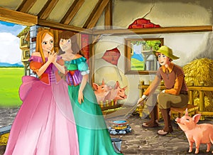 Cartoon scene with princess and farmer rancher in the barn pigsty