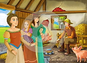 Cartoon scene with princess and farmer rancher in the barn pigsty