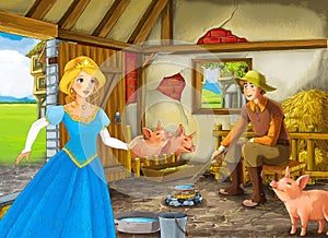 Cartoon scene with princess and farmer rancher in the barn pigsty