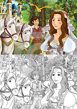 Cartoon scene princess in the forest orchard illustration