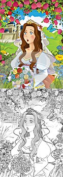 Cartoon scene princess in the forest orchard illustration