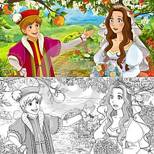 Cartoon scene princess in the forest orchard illustration