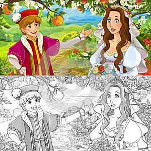 Cartoon scene princess in the forest orchard illustration