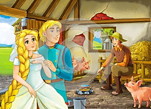 Cartoon scene with princess and prince or king and farmer rancher in the barn pigsty