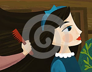 Cartoon scene with princess that someone combing hairs