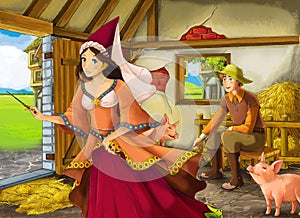 Cartoon scene with princess sorceress and farmer rancher in the barn pigsty