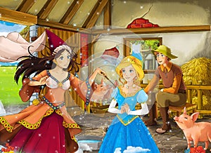 Cartoon scene with princess sorceress and farmer rancher in the barn pigsty