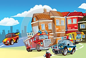 cartoon scene with public service vehicles police fire truck bus and sports car illustration for children