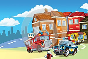 cartoon scene with public service vehicles police fire truck bus and sports car illustration for children