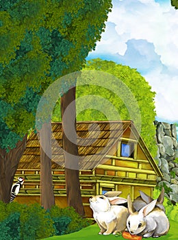 Cartoon scene with rabbit with nature forest with path illustration