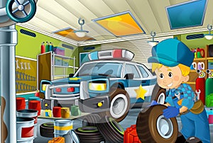 Cartoon scene with repairman in some garage - working repearing police car or clearing work place