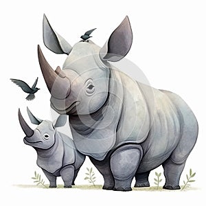 Cartoon scene with rhinoceros family on white background. Mother and baby rhino. Generative AI