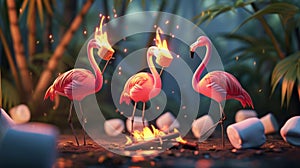 Cartoon scene of a roasting marshmallow contest but instead of using sticks the flamingos are using their long beaks to