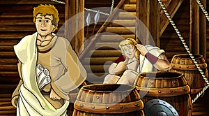 Cartoon scene with roman or greek ancient character inside wooden ship chamber illustration