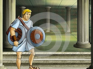 Cartoon scene with roman or greek ancient character near some ancient building like temple illustration for children