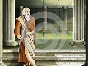 Cartoon scene with roman or greek ancient character near some ancient building like temple illustration for children