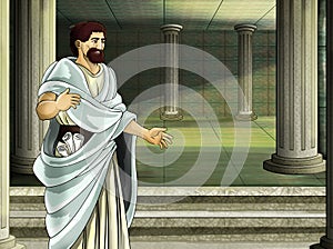 Cartoon scene with roman or greek ancient character near some ancient building like temple illustration for children