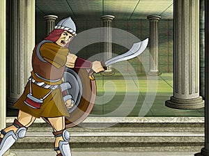 Cartoon scene with roman or greek ancient character near some ancient building like temple illustration for children