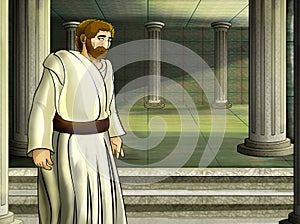 Cartoon scene with roman or greek ancient character near some ancient building like temple illustration for children