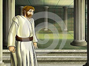 Cartoon scene with roman or greek ancient character near some ancient building like temple illustration for children