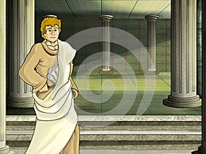 Cartoon scene with roman or greek ancient character near some ancient building like temple illustration for children