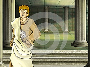 Cartoon scene with roman or greek ancient character near some ancient building like temple illustration for children