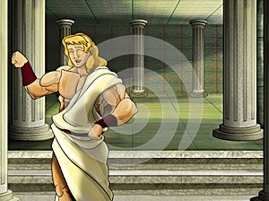 Cartoon scene with roman or greek ancient character near some ancient building like temple illustration for children