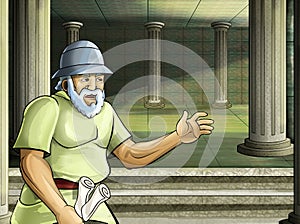 Cartoon scene with roman or greek ancient character near some ancient building like temple illustration for children