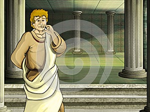 Cartoon scene with roman or greek ancient character near some ancient building like temple illustration for children