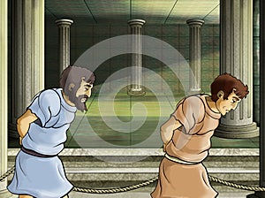 Cartoon scene with roman or greek ancient character near some ancient building like temple illustration for children