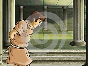 Cartoon scene with roman or greek ancient character near some ancient building like temple illustration for children