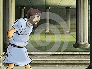 Cartoon scene with roman or greek ancient character near some ancient building like temple illustration for children