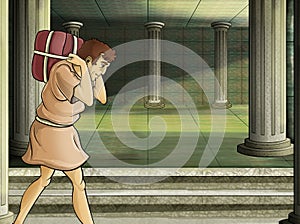 Cartoon scene with roman or greek ancient character near some ancient building like temple illustration for children