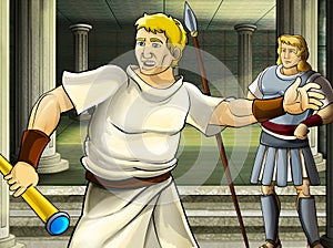 Cartoon scene with roman or greek ancient character near some ancient building like temple illustration for children