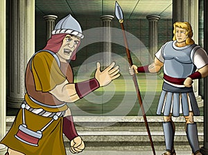 Cartoon scene with roman or greek ancient character near some ancient building like temple illustration for children