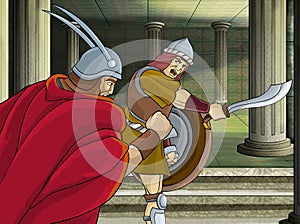 Cartoon scene with roman or greek ancient character near some ancient building like temple illustration for children