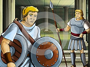Cartoon scene with roman or greek ancient character near some ancient building like temple illustration for children