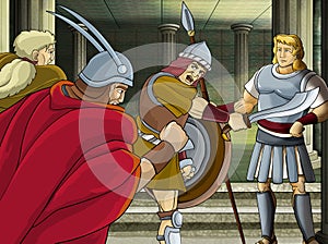 Cartoon scene with roman or greek ancient character near some ancient building like temple illustration for children