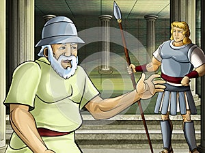 Cartoon scene with roman or greek ancient character near some ancient building like temple illustration for children