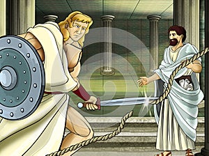 Cartoon scene with roman or greek ancient character near some ancient building like temple illustration for children