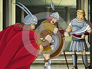 Cartoon scene with roman or greek ancient character near some ancient building like temple illustration for children