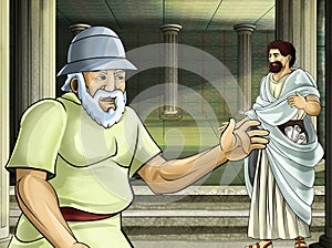 Cartoon scene with roman or greek ancient character near some ancient building like temple illustration for children