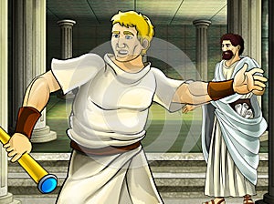 Cartoon scene with roman or greek ancient character near some ancient building like temple illustration for children