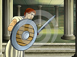 Cartoon scene with roman or greek warrior ancient character near some ancient building like temple