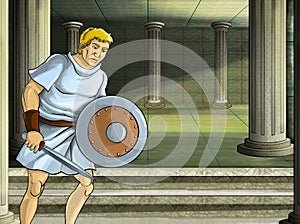 Cartoon scene with roman or greek warrior ancient character near some ancient building like temple